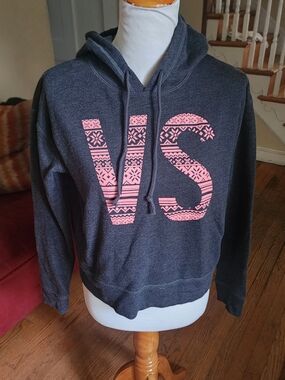 Victoria's Secret Men's Charcoal Zip-Up Sweater with Pink 'VS' Graphic